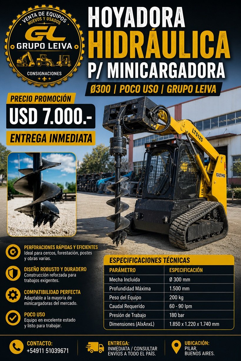 Hoyadora Hidráulica p/ Minicargadora | Ø300 | Poco Uso | Grupo Leiva