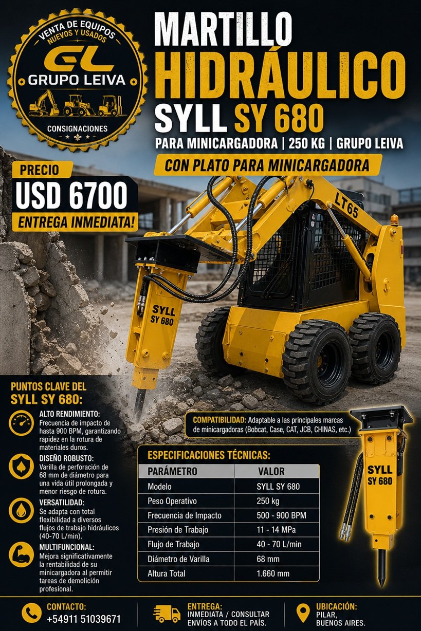 Martillo Hidráulico SYLL SY 680 para Minicargadora | 250 KG | Grupo Leiva